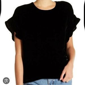 Current/Elliott Janie Ruffle Black Boxy Short Sleeve Velvet Top